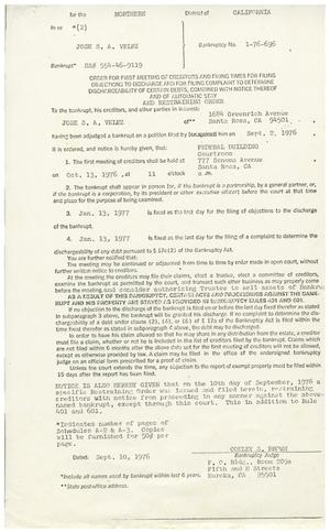 Primary view of object titled '[Order for Meeting of Creditors, Bankruptcy Petition, Joe Velez - 1976-09-10]'.