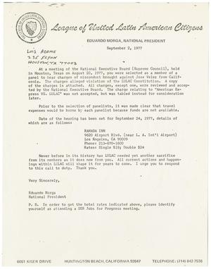 Primary view of object titled '[Letter from Eduardo Morga to Luis Adame - 1977-09-02]'.