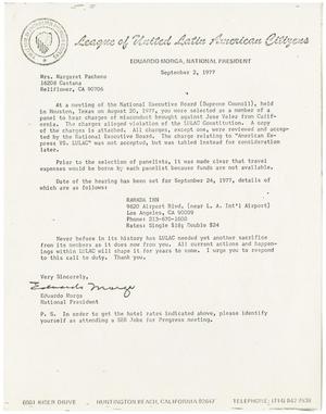 Primary view of object titled '[Letter from Eduardo Morga to Margaret Pacheco - 1977-09-02]'.