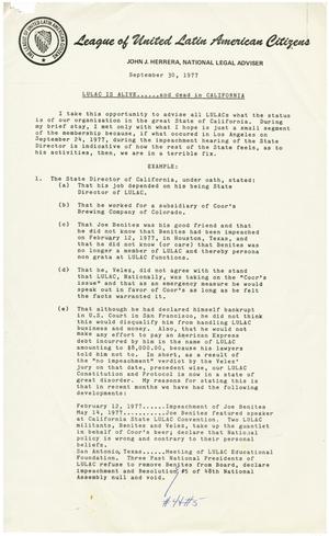 ["LULAC is ALIVE...and dead in California" letter from John J. Herrera to LULAC members - 1977-09-30]