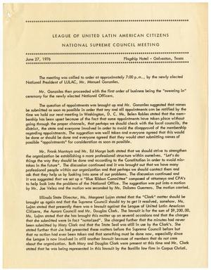 Primary view of object titled '[Minutes from the LULAC National Supreme Council Meeting - 1976-06-27]'.