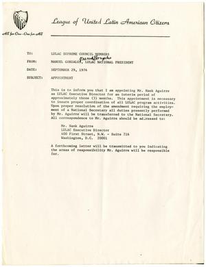 Primary view of object titled '[Memorandum from Manuel Gonzales to LULAC Supreme Council members - 1976-09-29]'.
