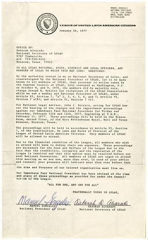 Primary view of object titled '[Letter from Manuel Gonzales and Deborah D. Alvarado to all members of the League of United Latin American Citizens - 1977-01-24]'.
