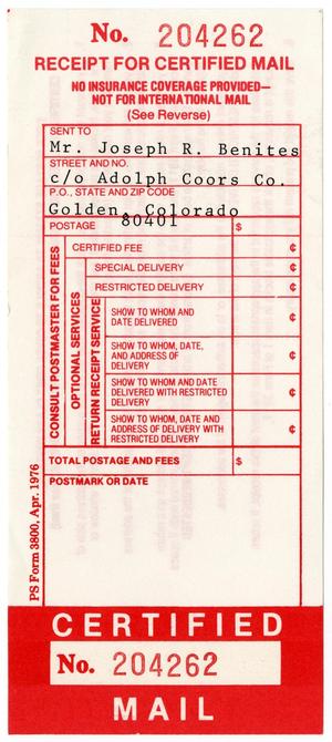 Primary view of object titled '[Receipt for Certified Mail addressed to Joseph R. Benites, 1977-01-06]'.