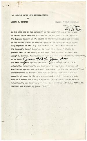 Primary view of object titled '[Draft of Formal Charges against Joseph R. Benites - 1976-10-09]'.