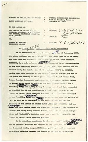 Primary view of object titled '[Draft of Minutes from the LULAC Special Impeachment Proceedings - 1977-02-12]'.