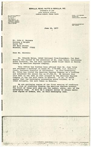 [Letter from William J. Nutto to John J. Herrera with Legal Order for Bankruptcy Meeting for Joe Velez - 1977-06-16]