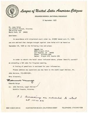 Primary view of object titled '[Letter from Eduardo Morga to Joe Velez c/o Richard Patock, Attorney - 1977-09-06]'.