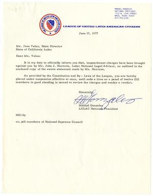 [Letter from Manuel Gonzales to Joe Velez - 1977-06-17]