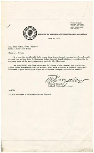 Primary view of object titled '[Letter from Manuel Gonzales to Joe Velez - 1977-06-17]'.