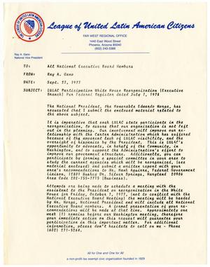 [Memorandum from Ray A. Gano to All LULAC National Executive Board Members - 1977-09-27]