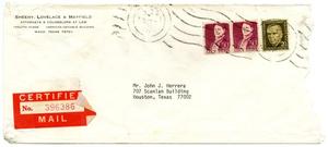 Primary view of object titled '[Envelope from Sheehy, Lovelace & Mayfield to John J. Herrera]'.