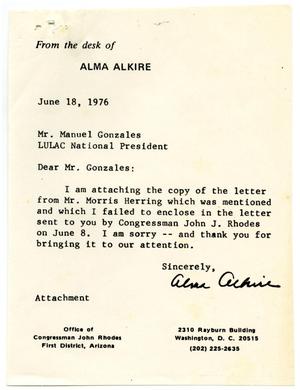 Primary view of object titled '[Letter from Alma Akire to Manuel Gonzales - 1976-06-18]'.