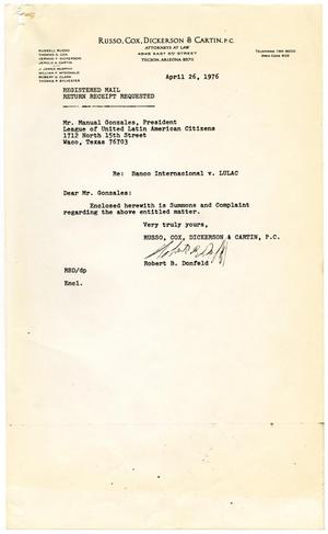 Primary view of object titled '[Letter from Robert B. Donfeld to Manuel Gonzales - 1976-04-26]'.