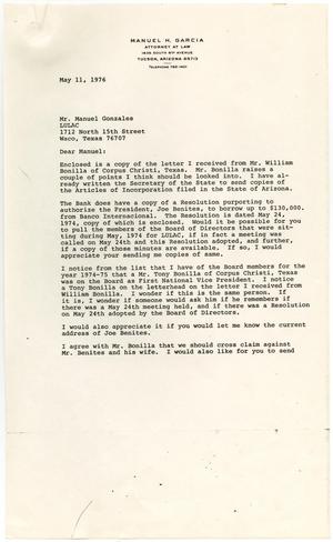 Primary view of object titled '[Letter from Manuel H. Garcia to Manuel Gonzales - 1976-05-11]'.