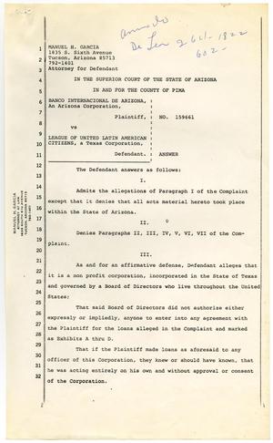 [Defendant's Answer, Banco Internacional de Arizona vs. LULAC - 1976-05-20]