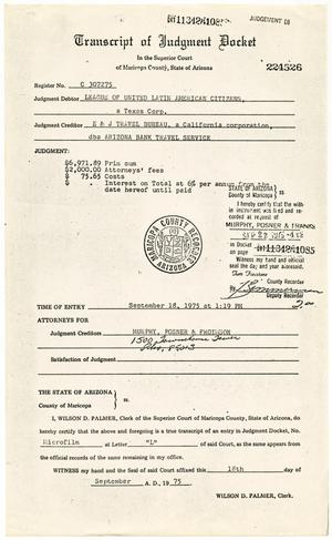Primary view of object titled '[Transcript of Judgement Docket, E & J Travel Bureau dba Arizona Bank Travel Service vs. LULAC, 1975-09-18]'.