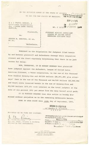 Primary view of object titled '[Judgement Against Defendant, E & J Travel Bureau dba Arizona Bank Travel Service vs. LULAC, 1975-09-18]'.