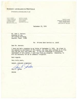 Primary view of object titled '[Letter from Gary K. Jordan to John J. Herrera - 1976-09-22]'.