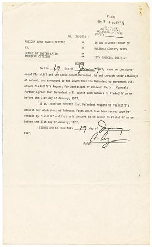 Primary view of object titled '[Judge's Orders, Arizona Bank Travel Service vs. LULAC, 1977-01-31]'.