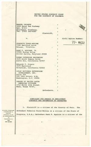 Primary view of object titled '[Complaint for Breach of Employment Contract and Defamation of Character, Manuel Uriarte vs. LULAC]'.