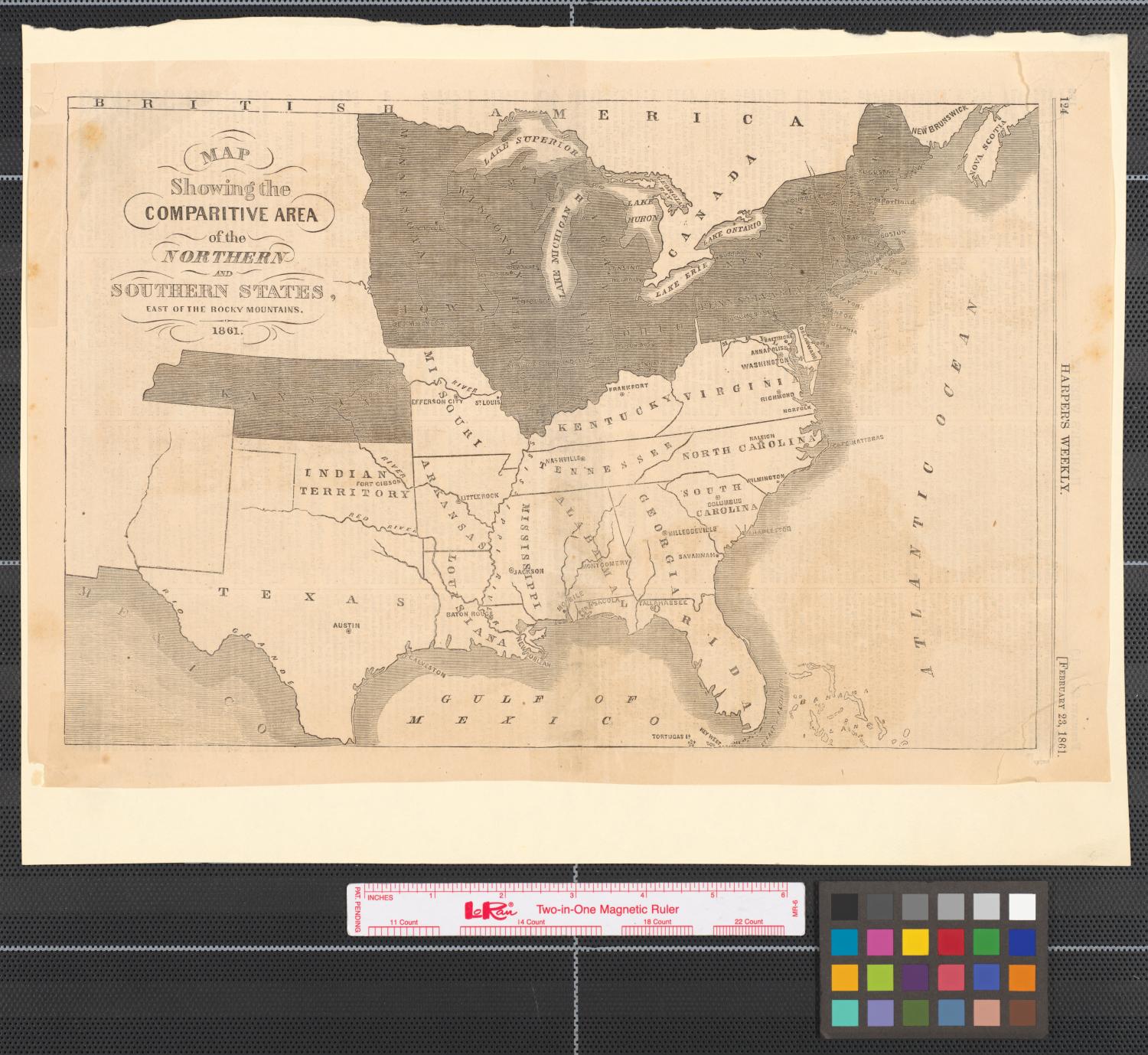 Map showing the comparitive area of the Northern and Southern states east of the Rocky Mountains, 1861.
                                                
                                                    [Sequence #]: 1 of 2
                                                