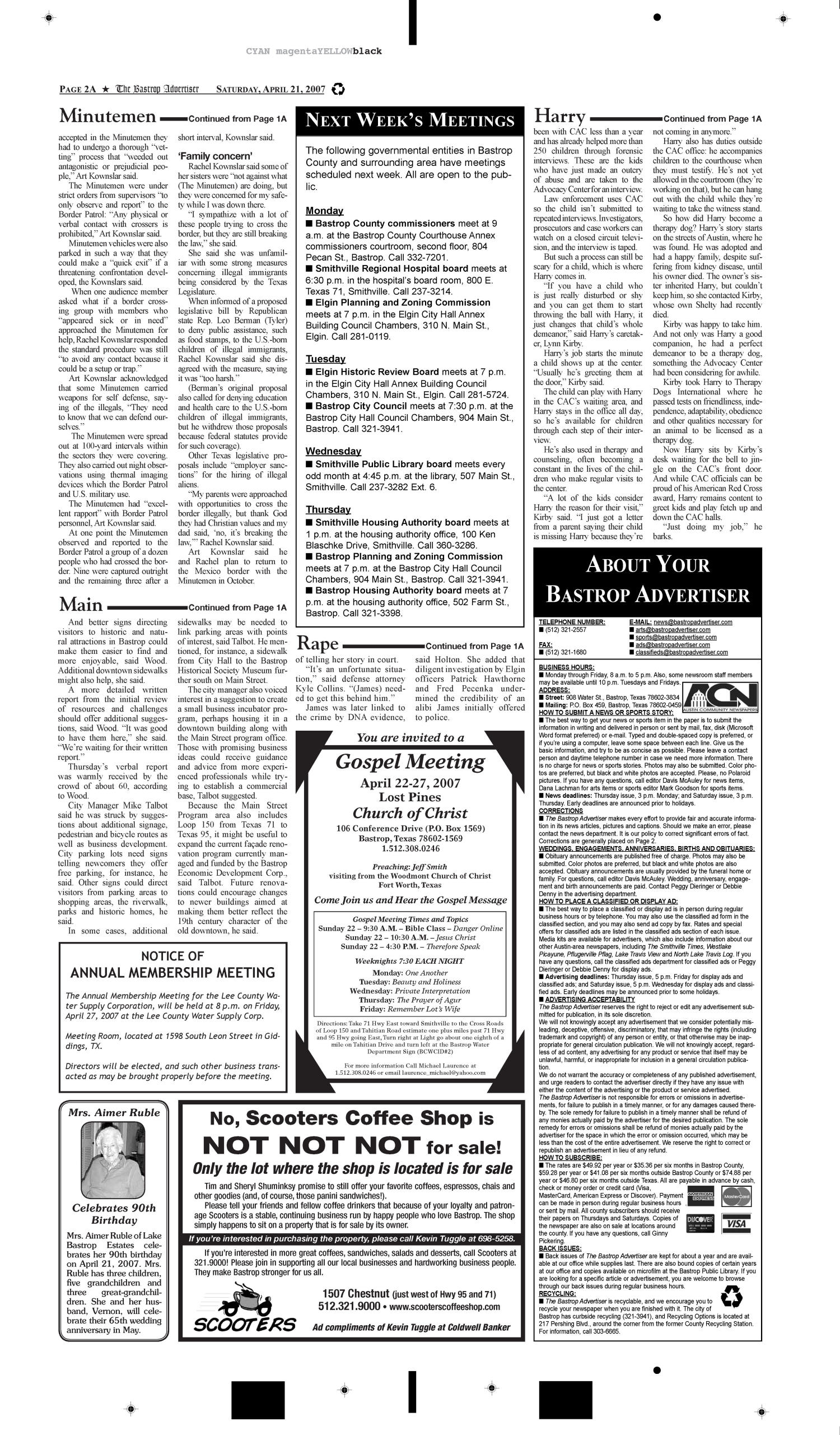 The Bastrop Advertiser (Bastrop, Tex.), Vol. 154, No. 16, Ed. 1 Saturday, April 21, 2007
                                                
                                                    [Sequence #]: 2 of 15
                                                