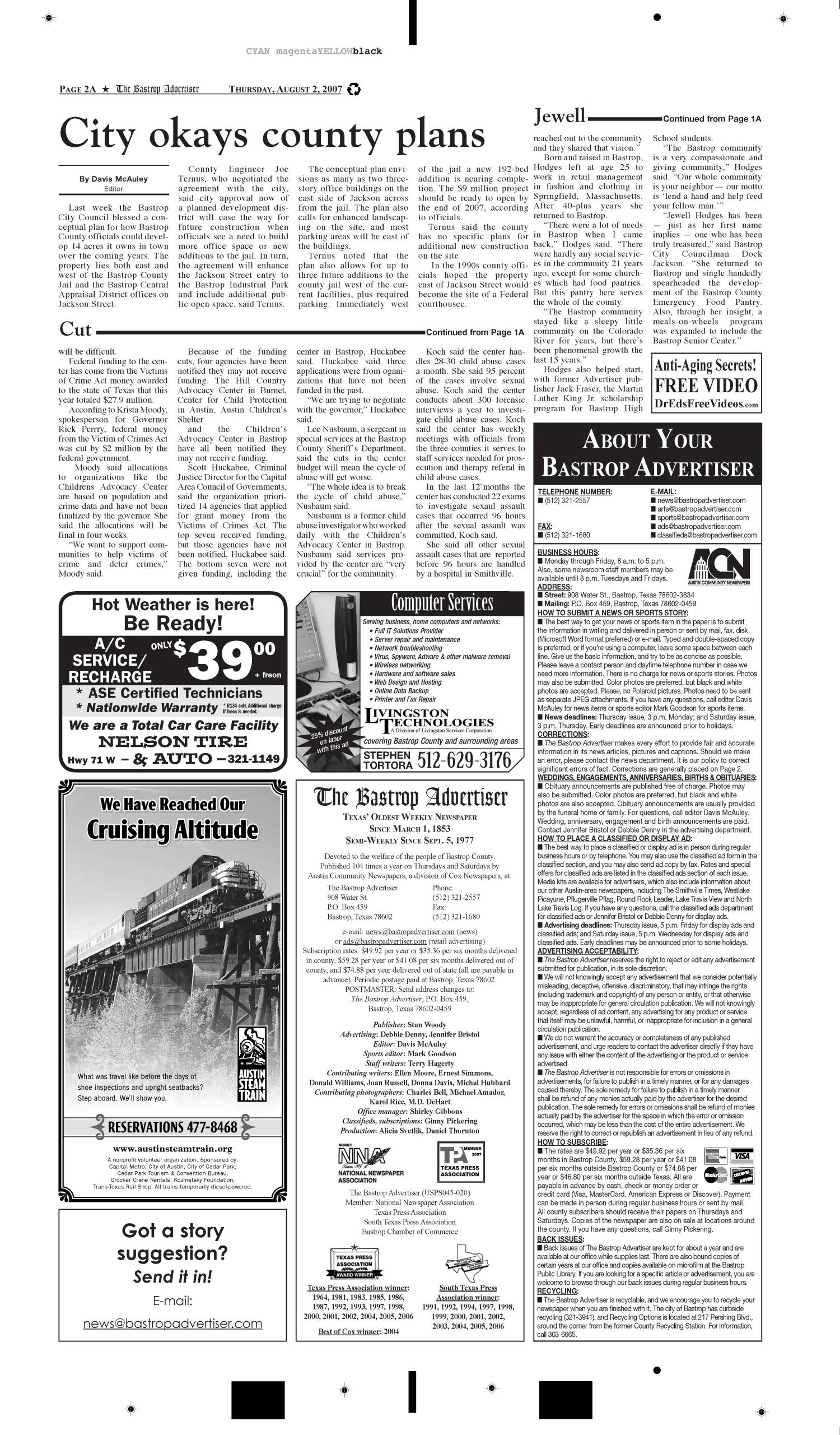 The Bastrop Advertiser (Bastrop, Tex.), Vol. 154, No. 45, Ed. 1 Thursday, August 2, 2007
                                                
                                                    [Sequence #]: 2 of 15
                                                