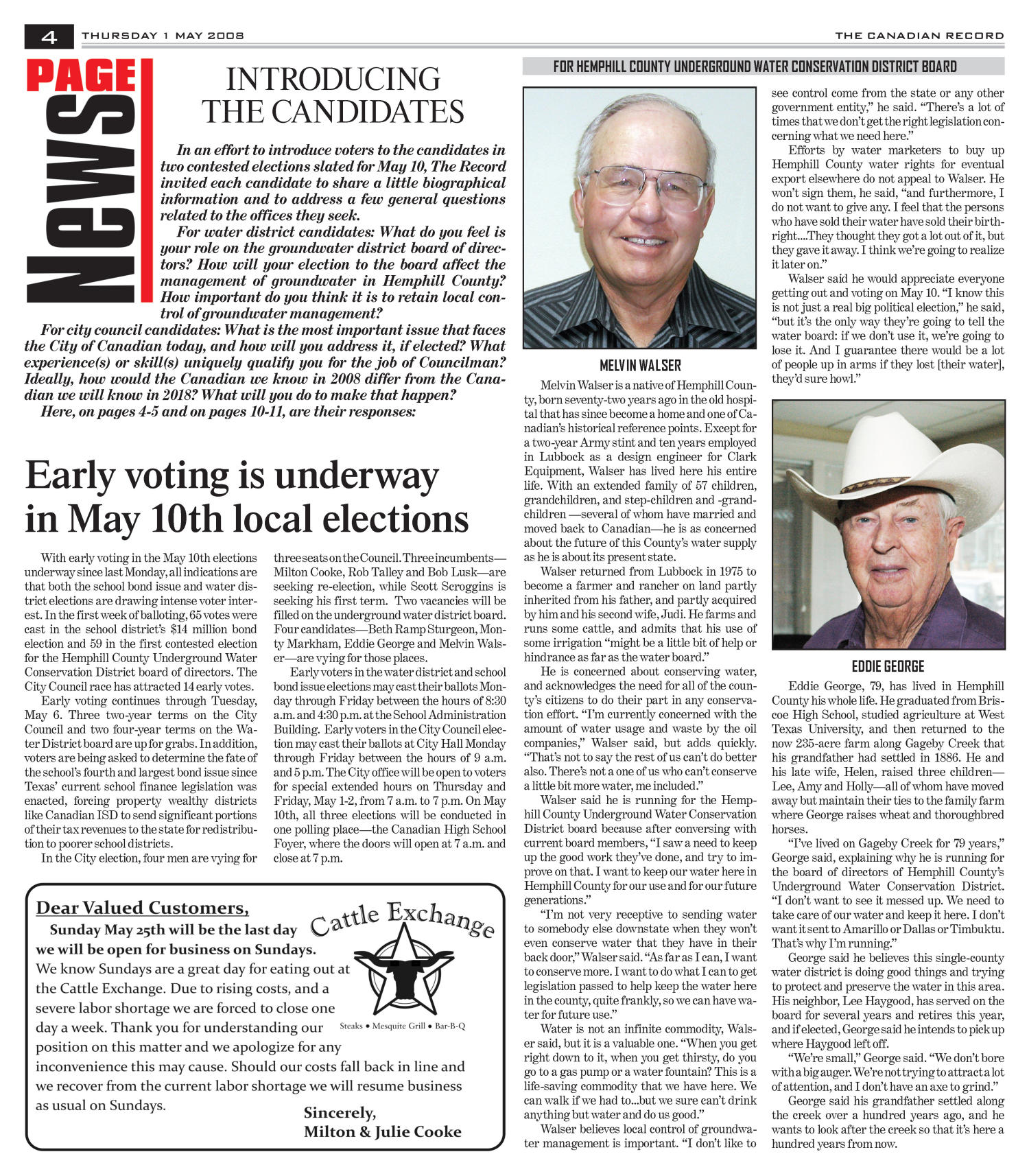 The Canadian Record (Canadian, Tex.), Vol. 118, No. 18, Ed. 1 Thursday, May 1, 2008
                                                
                                                    [Sequence #]: 4 of 36
                                                