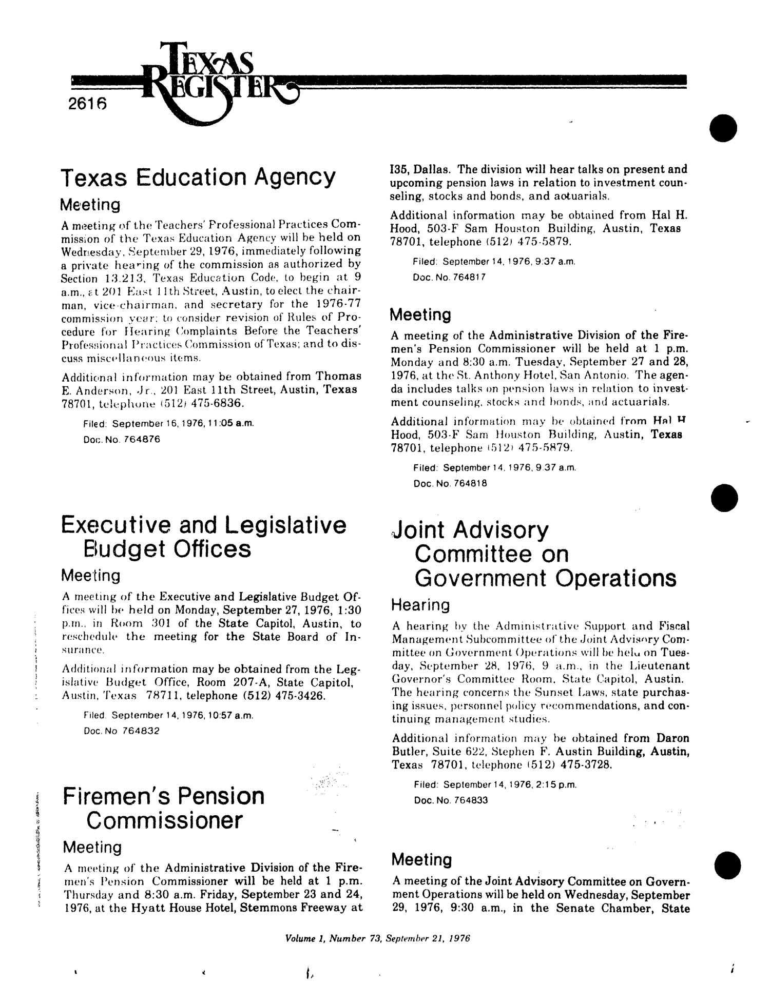 Texas Register, Volume 1, Number 73, Pages 2583-2622, September 21, 1976
                                                
                                                    2616
                                                