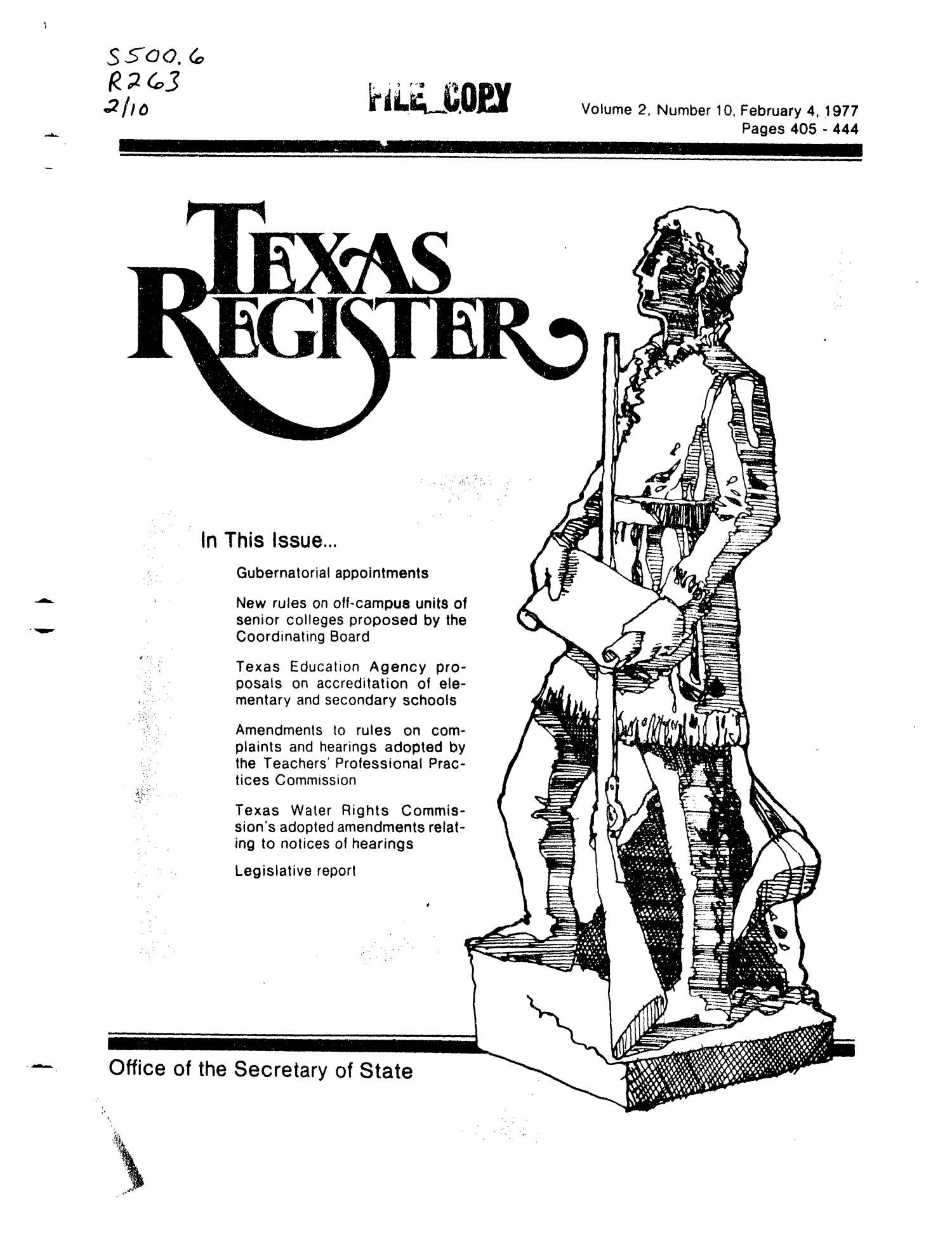 Texas Register, Volume 2, Number 10, Pages 405-444, February 4, 1977
                                                
                                                    Title Page
                                                