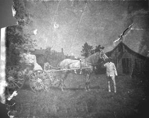 Primary view of object titled '[Horse-drawn carriage and man in white suit]'.