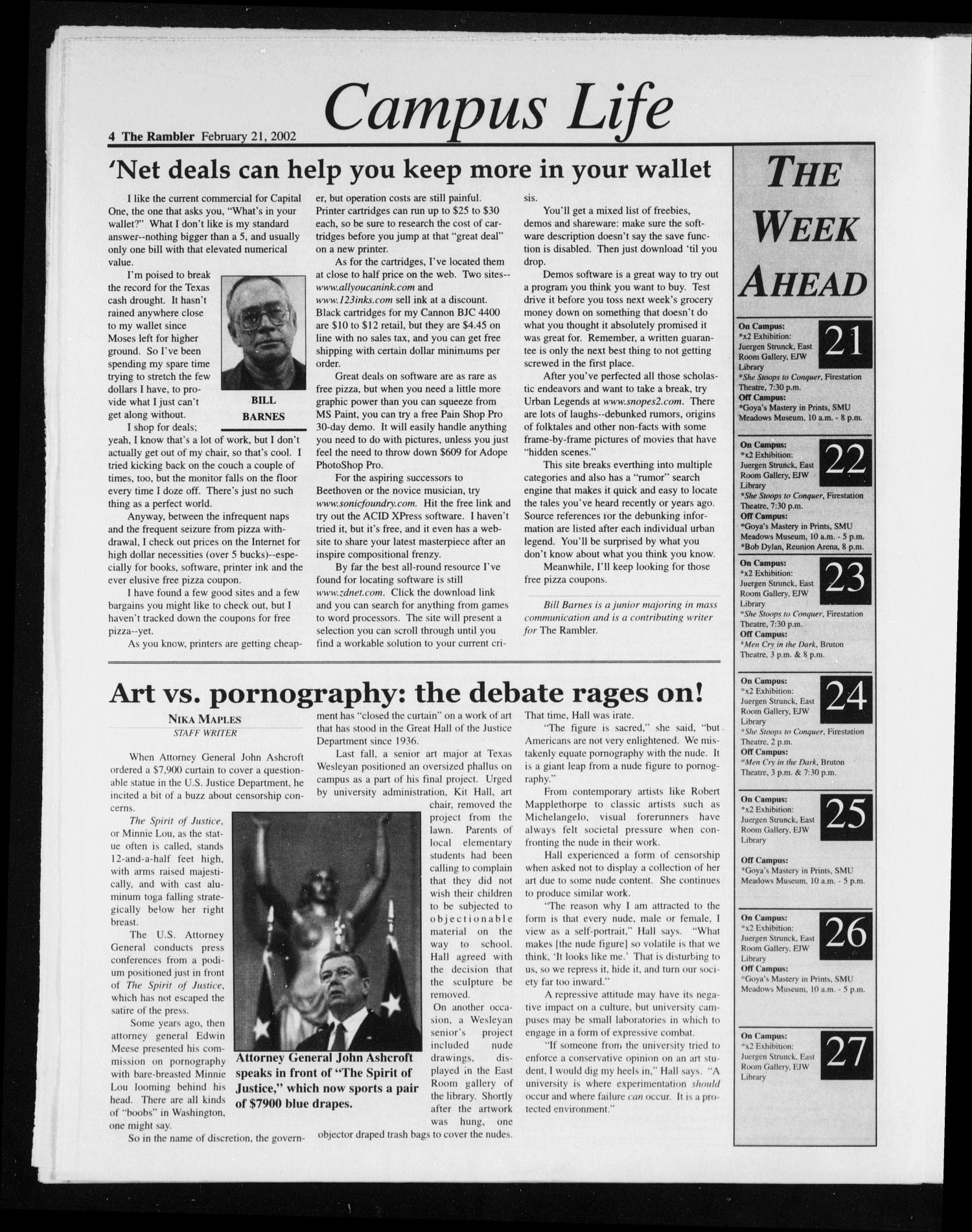 The Rambler (Fort Worth, Tex.), Vol. 87, No. 4, Ed. 1 Thursday, February 21, 2002
                                                
                                                    [Sequence #]: 4 of 8
                                                