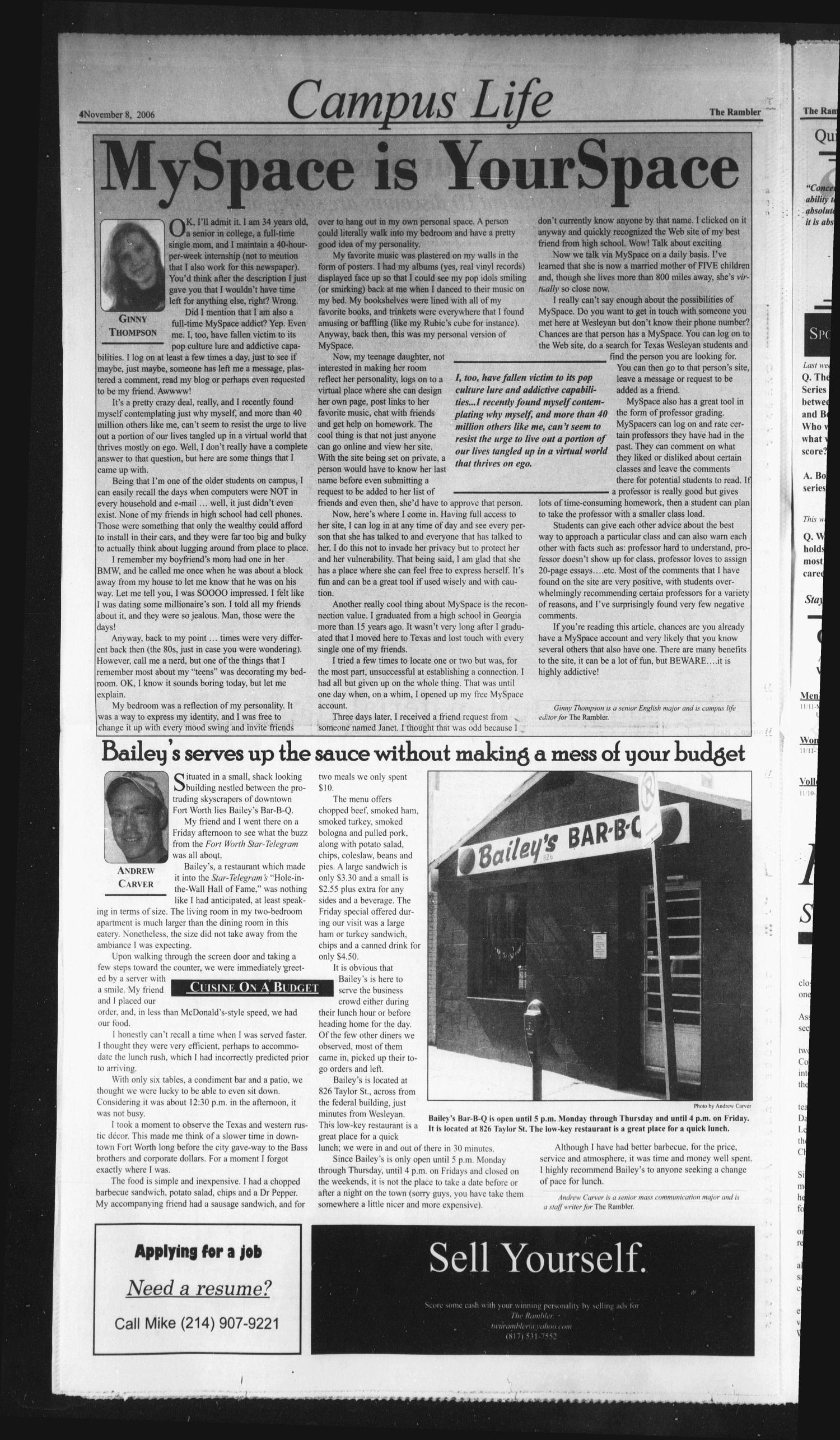 The Rambler (Fort Worth, Tex.), Vol. 97, No. 10, Ed. 1 Wednesday, November 8, 2006
                                                
                                                    [Sequence #]: 4 of 6
                                                