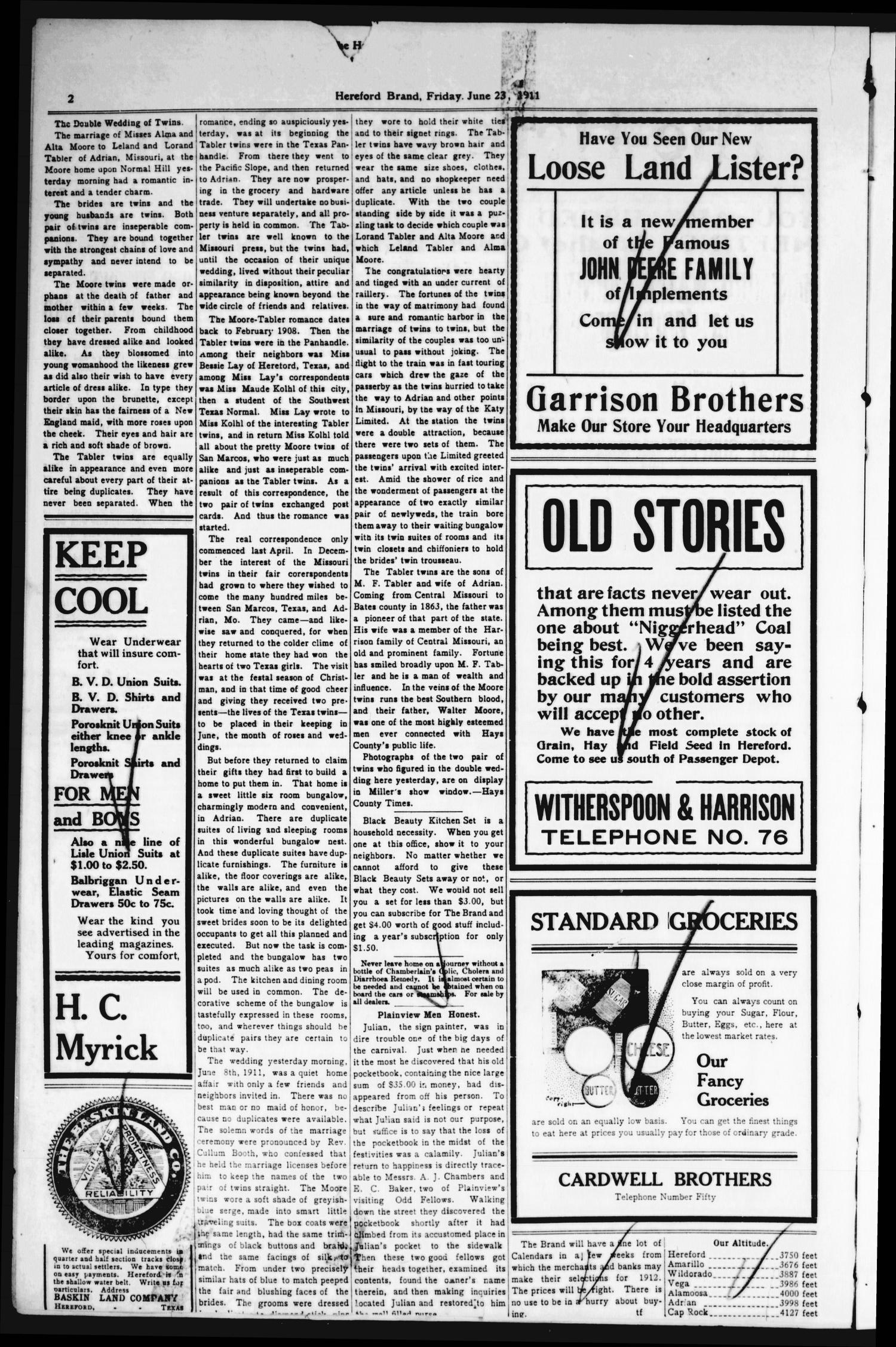 The Hereford Brand, Vol. 11, No. 20, Ed. 1 Friday, June 23, 1911
                                                
                                                    [Sequence #]: 2 of 8
                                                