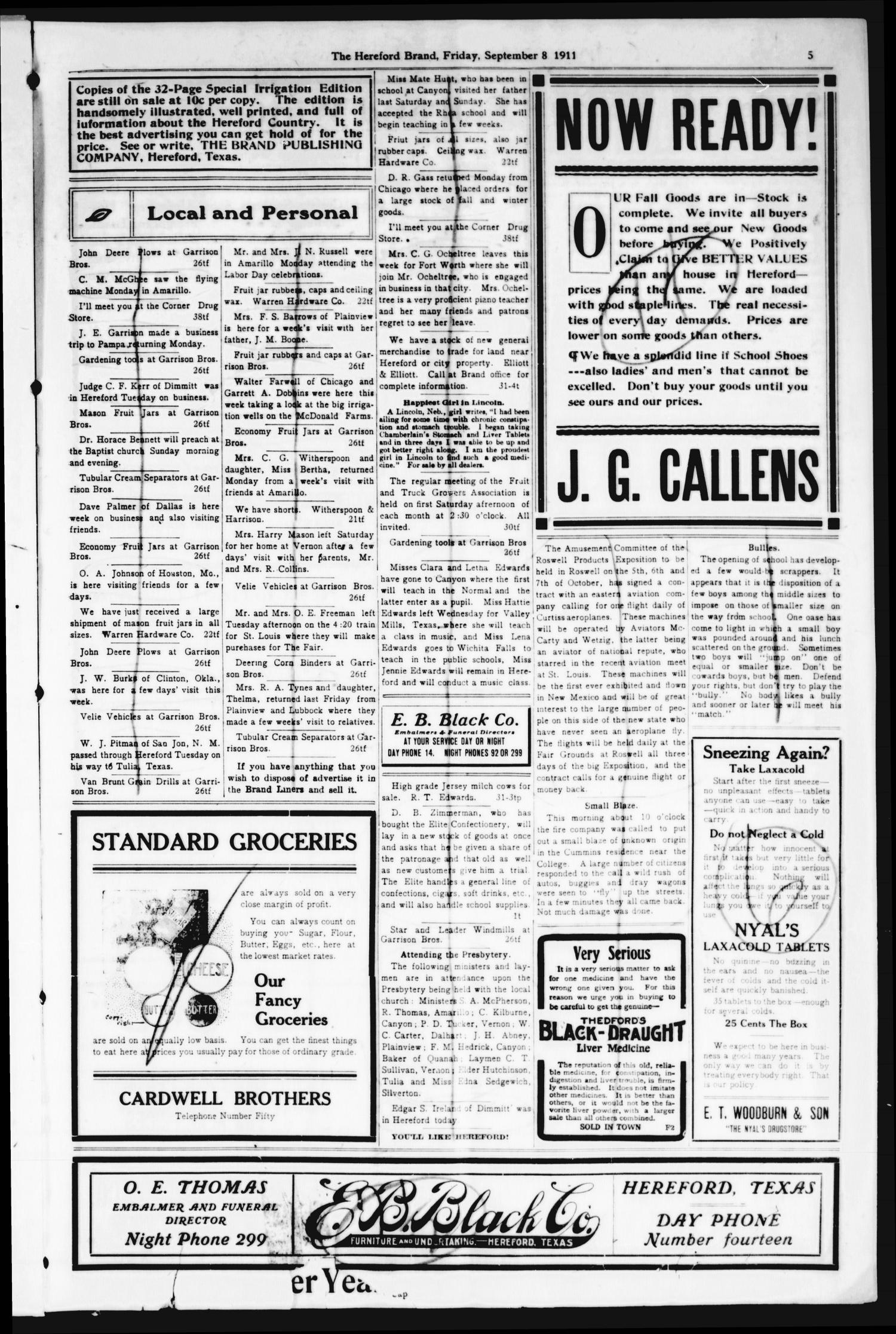 The Hereford Brand, Vol. 11, No. 31, Ed. 1 Friday, September 8, 1911
                                                
                                                    [Sequence #]: 5 of 8
                                                