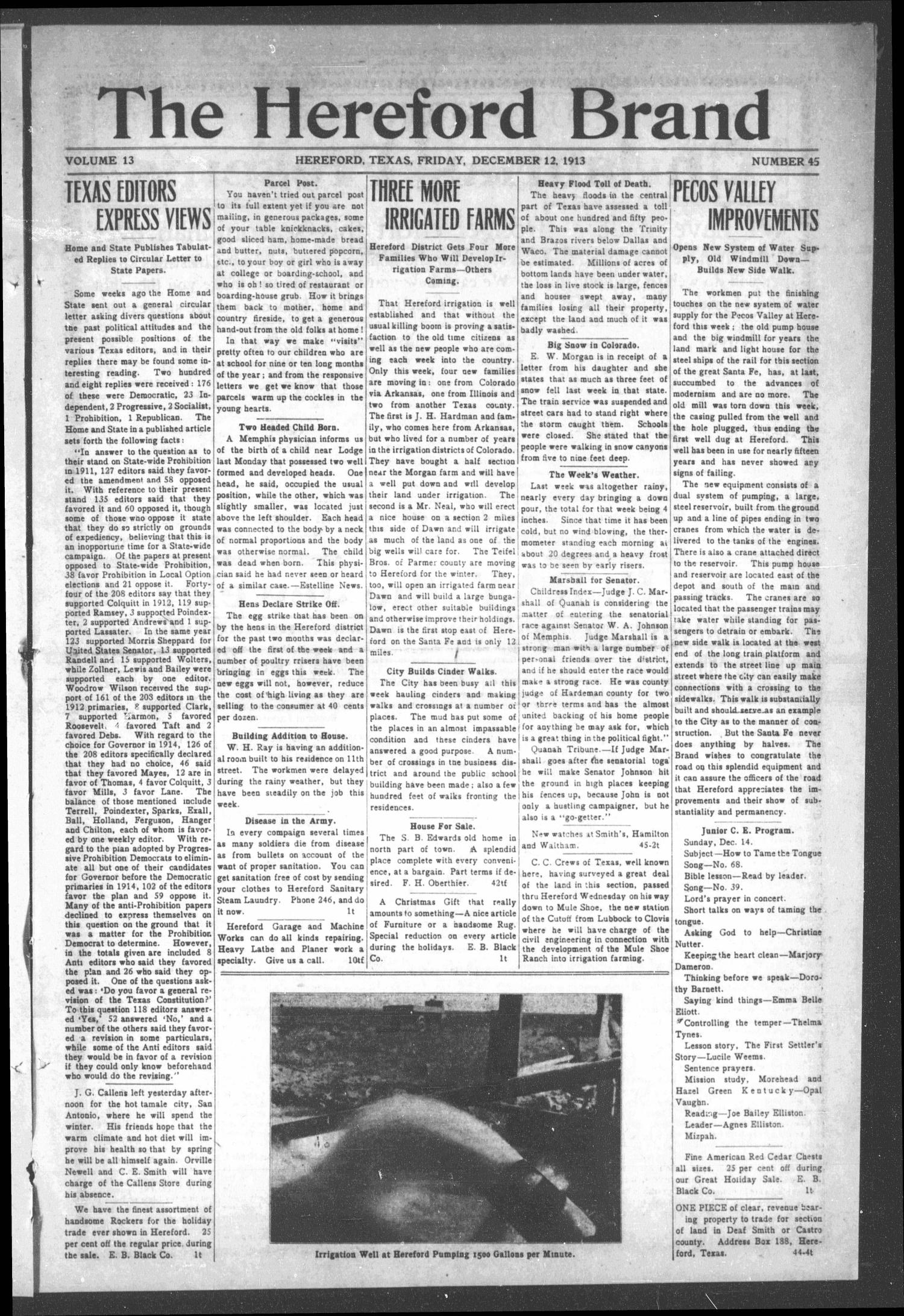 The Hereford Brand, Vol. 13, No. 45, Ed. 1 Friday, December 12, 1913
                                                
                                                    [Sequence #]: 1 of 12
                                                