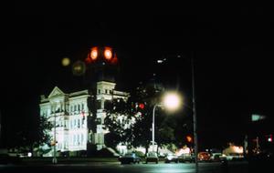 [Night scene of Denton County Courthouse in Texas]
