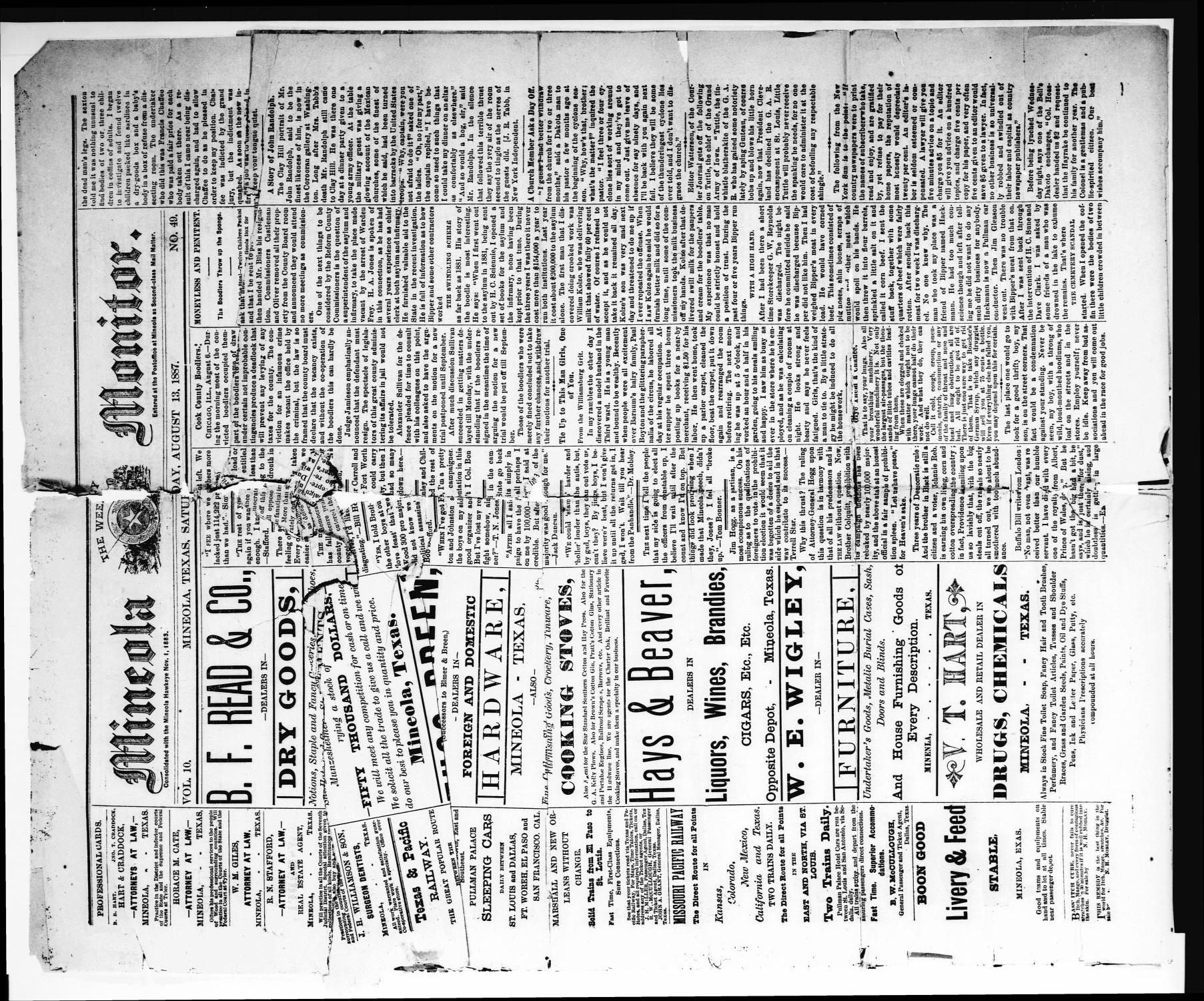 The Weekly Mineola Monitor (Mineola, Tex.), Vol. 10, No. 49, Ed. 1 Saturday, August 13, 1887
                                                
                                                    [Sequence #]: 1 of 4
                                                