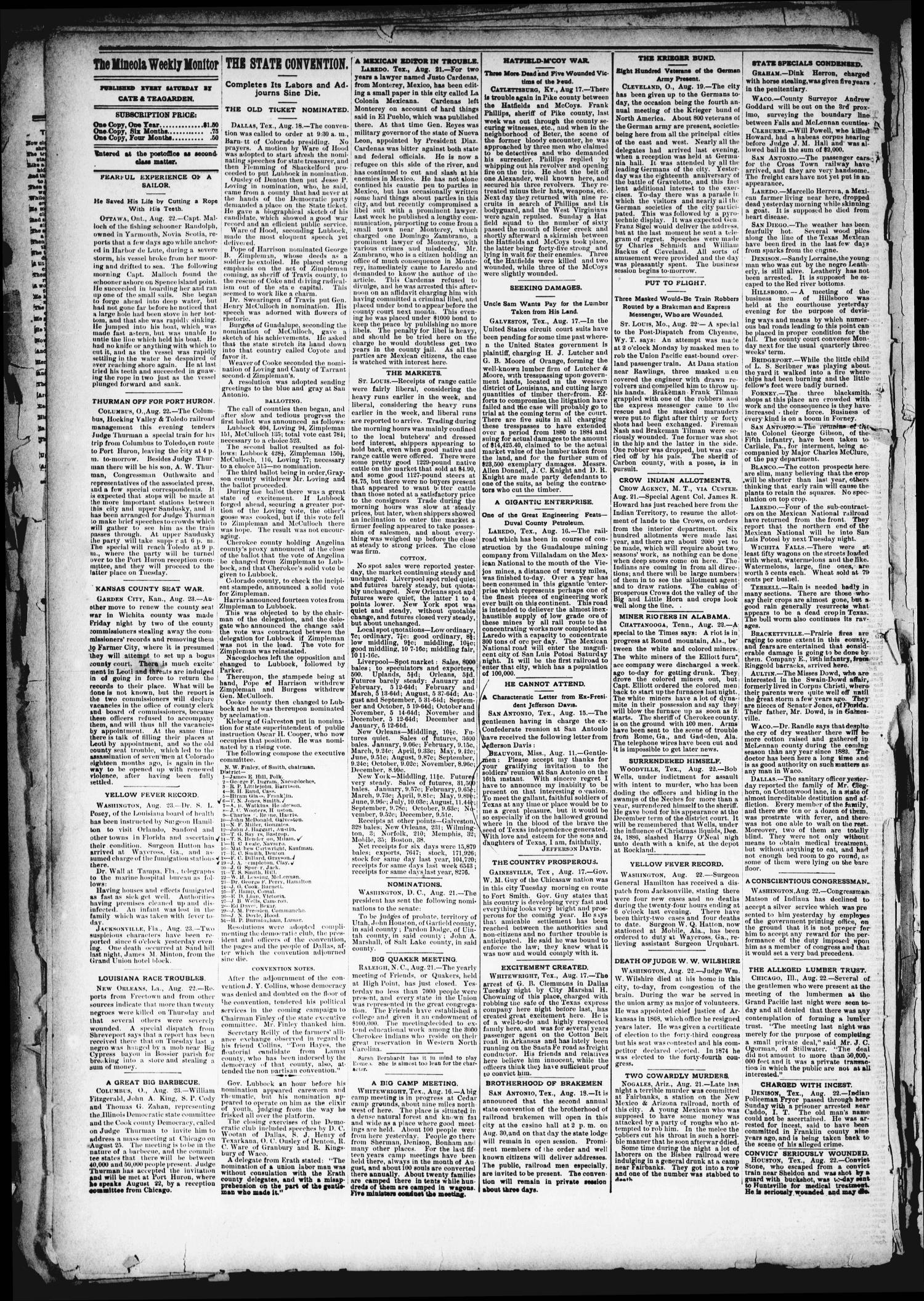 The Mineola Monitor (Mineola, Tex.), Vol. 11, No. 48, Ed. 1 Saturday, August 25, 1888
                                                
                                                    [Sequence #]: 6 of 8
                                                