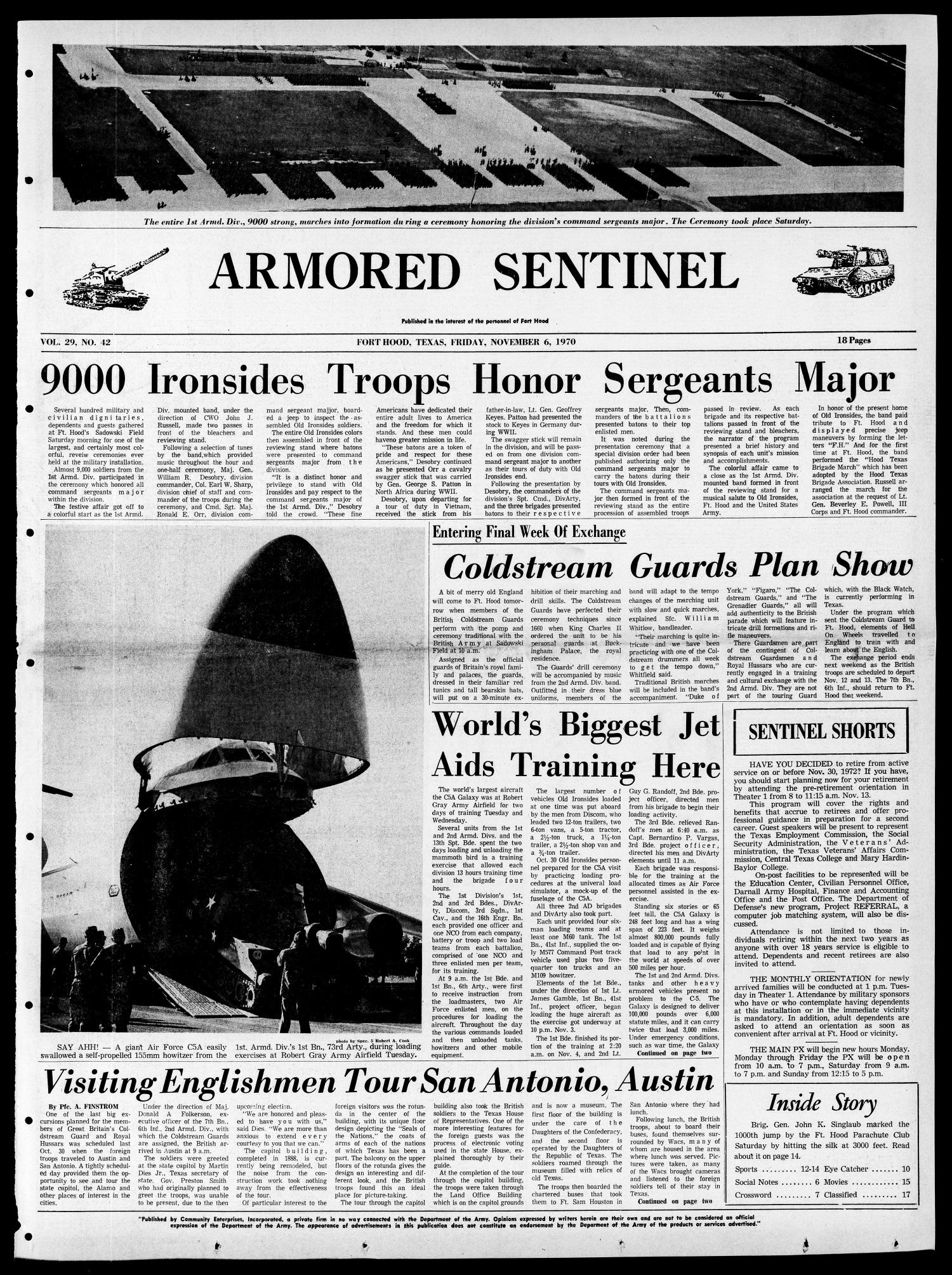 Armored Sentinel (Temple, Tex.), Vol. 29, No. 42, Ed. 1 Friday, November 6, 1970
                                                
                                                    [Sequence #]: 1 of 18
                                                