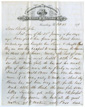 Primary view of object titled '[Letter from P. M. Osterhout to John Patterson Osterhout, February 13,1871]'.