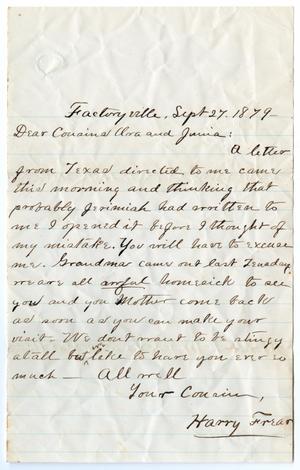 [Letter from Harry Frear to Ora and Junia Roberts Osterhout, September 27, 1879]