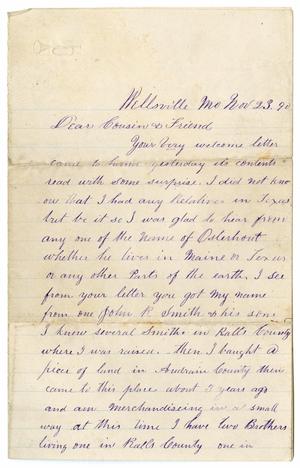 Primary view of object titled '[Letter from Paul Osterhout to his Cousins and Friends, November 23, 1890]'.