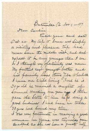 Primary view of object titled '[Letter from J. Wheelock to John Patterson Osterhout, November 1, 1897]'.