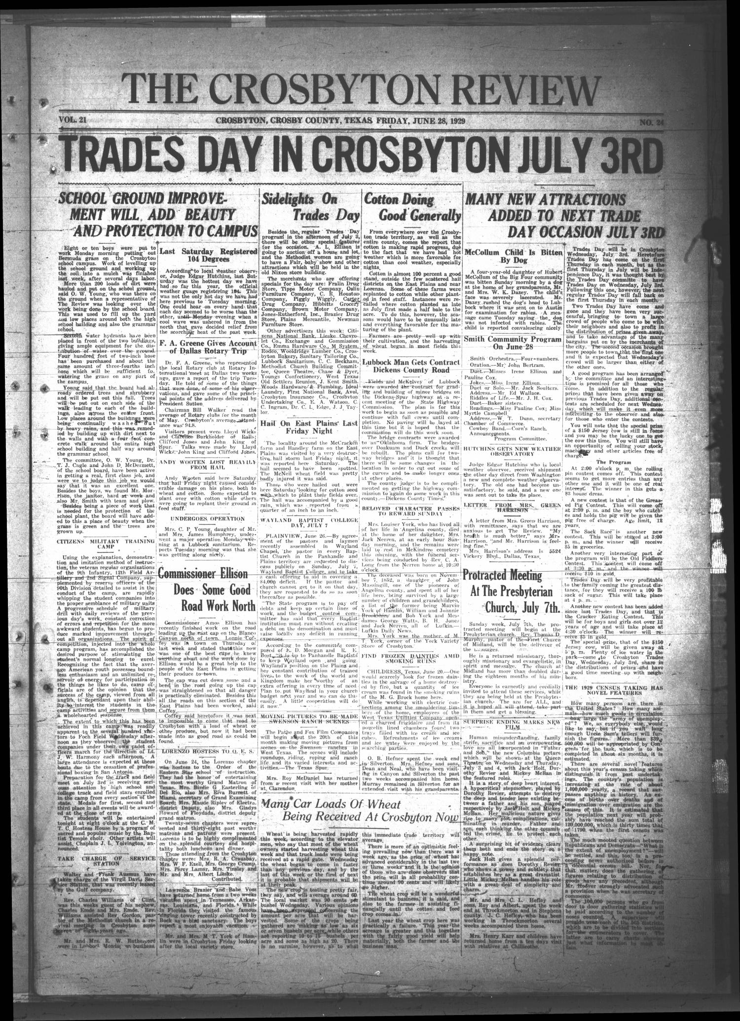 The Crosbyton Review. (Crosbyton, Tex.), Vol. 21, No. 24, Ed. 1 Friday, June 28, 1929
                                                
                                                    [Sequence #]: 1 of 8
                                                