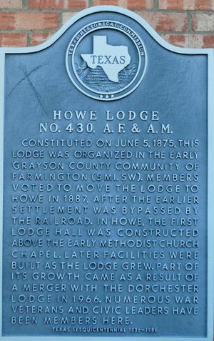 Primary view of object titled '[Texas Historical Commission Marker: Howe Lodge No. 430 A.F. & A.M.]'.