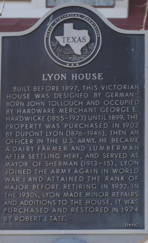 Primary view of object titled '[Texas Historical Commission Marker: Lyon House]'.