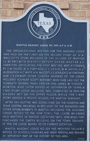 [Texas Historical Commission Marker: Mantua Masonic Lodge No. 209, A.F. & A.M.]