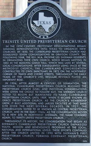 Primary view of object titled '[Texas Historical Commission Marker: Trinity United Presbyterian Church]'.